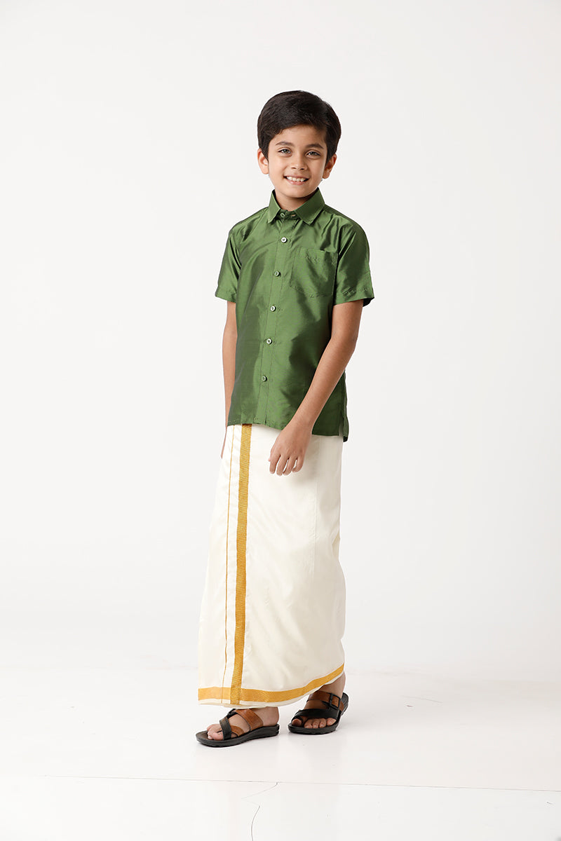 UATHAYAM Rising Star Poly Taffeta Half Sleeve Solid Regular Fit Kids Shirt + Dhoti 2 In 1 Set (Olive Green)