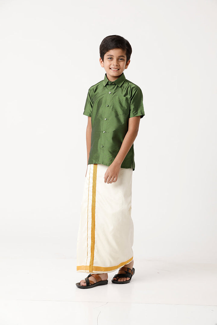 Rising Star - Olive Green Matching Fixit Dhoti and Shirt 2 in 1 Set For Kids | Uathayam