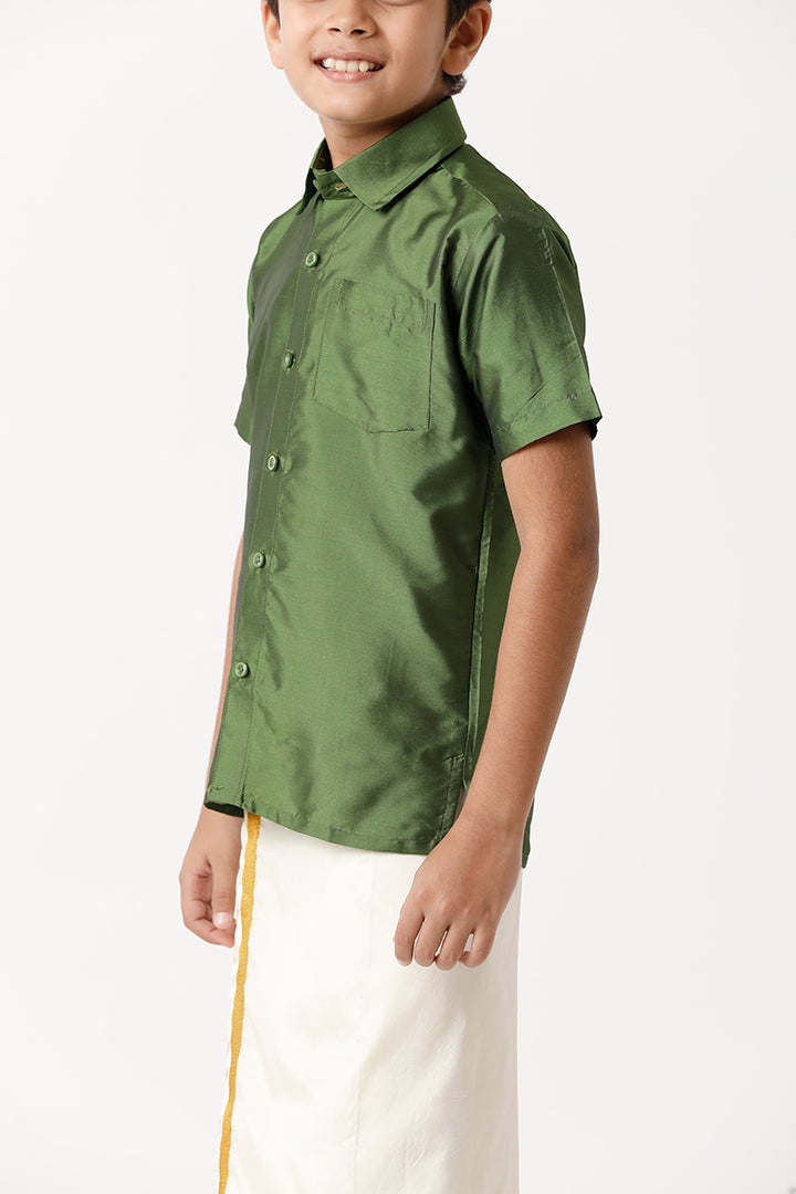 UATHAYAM Rising Star Poly Taffeta Half Sleeve Solid Regular Fit Kids Shirt + Dhoti + Towel 3 In 1 Set (Olive Green)
