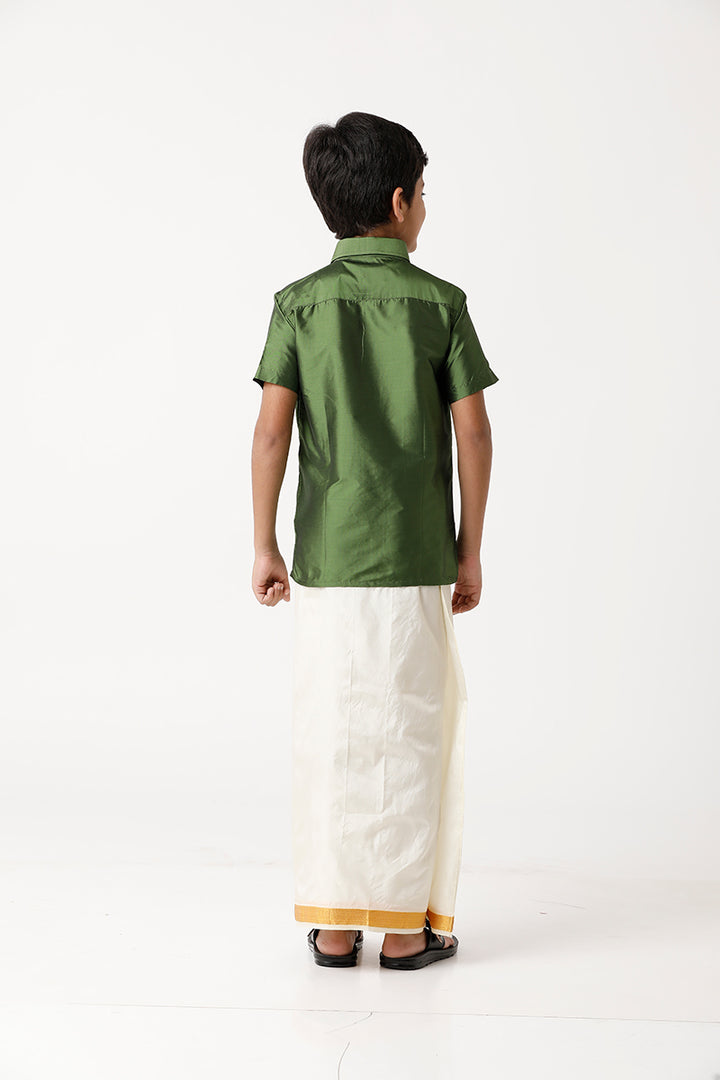UATHAYAM Rising Star Poly Taffeta Half Sleeve Solid Regular Fit Kids Shirt + Dhoti + Towel 3 In 1 Set (Olive Green)