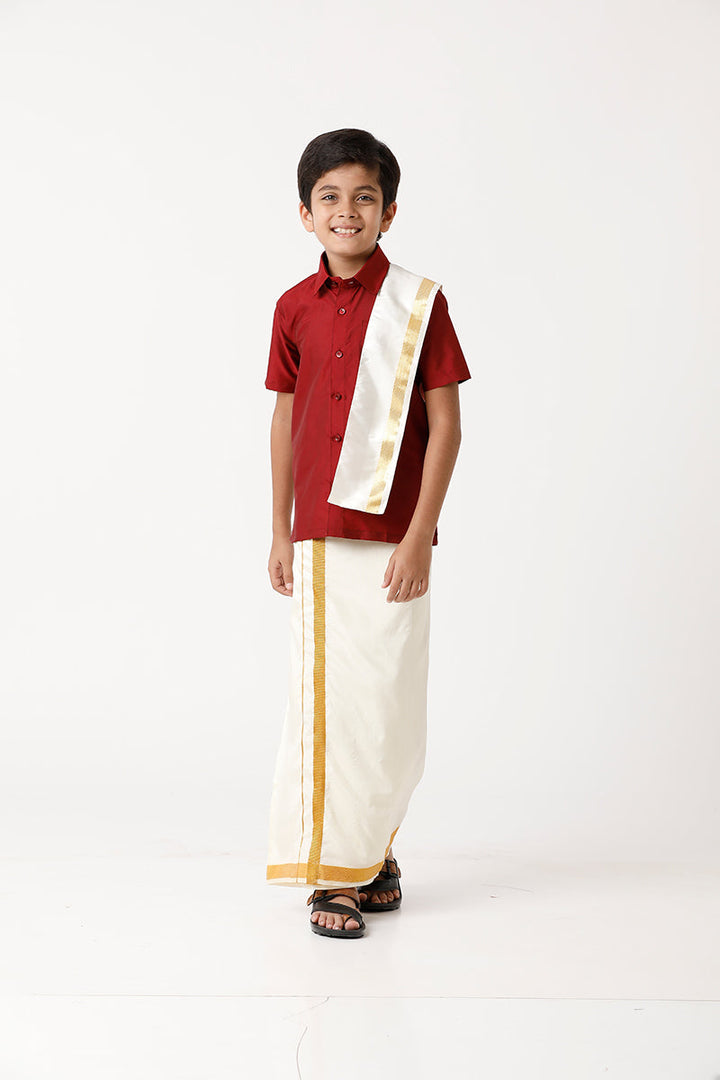 Rising Star - Red Matching Fixit Dhoti and Shirt 3 in 1 Set For Kids | Uathayam