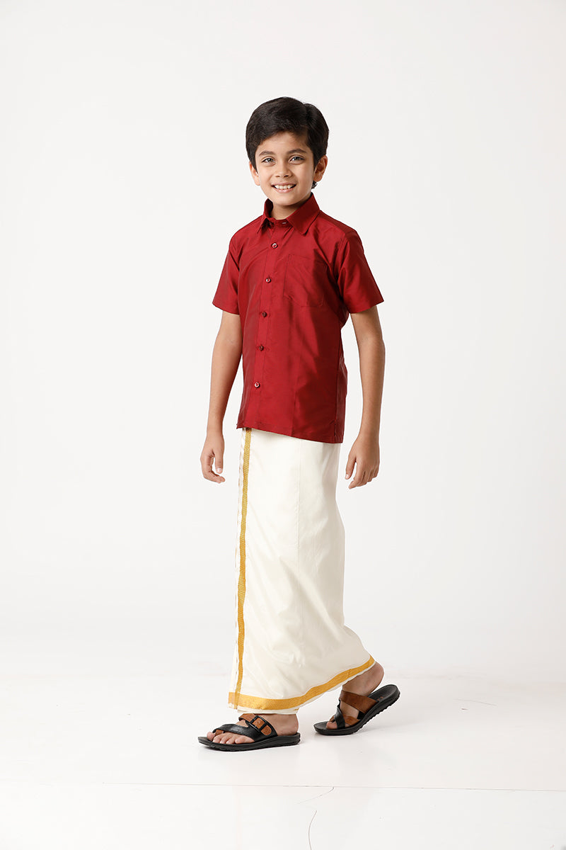 UATHAYAM Rising Star Poly Taffeta Half Sleeve Solid Regular Fit Kids Shirt + Dhoti 2 In 1 Set (Red)