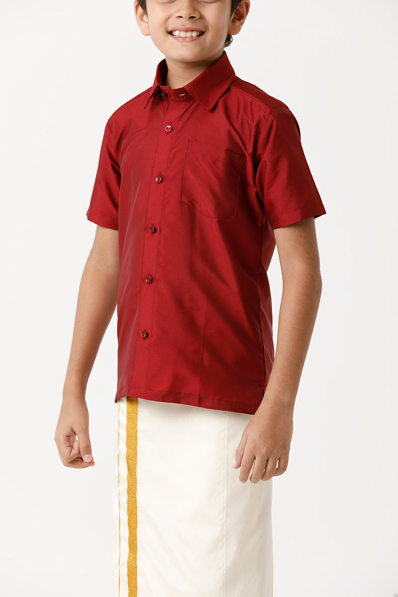 UATHAYAM Rising Star Poly Taffeta Half Sleeve Solid Regular Fit Kids Shirt + Dhoti + Towel 3 In 1 Set (Red)