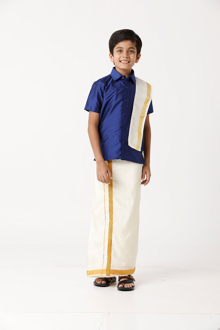 Rising Star - Navy Blue Matching Fixit Dhoti and Shirt 3 in 1 Set For Kids | Uathayam