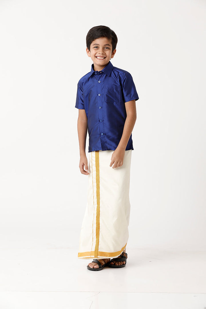 Rising Star - Navy Blue Matching Fixit Dhoti and Shirt 2 in 1 Set For Kids | Uathayam