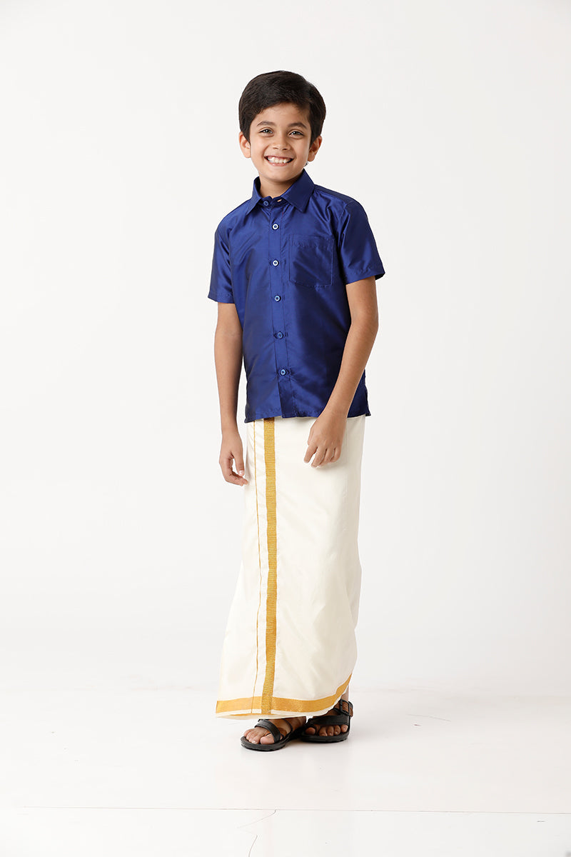 Rising Star - Navy Blue Matching Fixit Dhoti and Shirt 3 in 1 Set For Kids | Uathayam