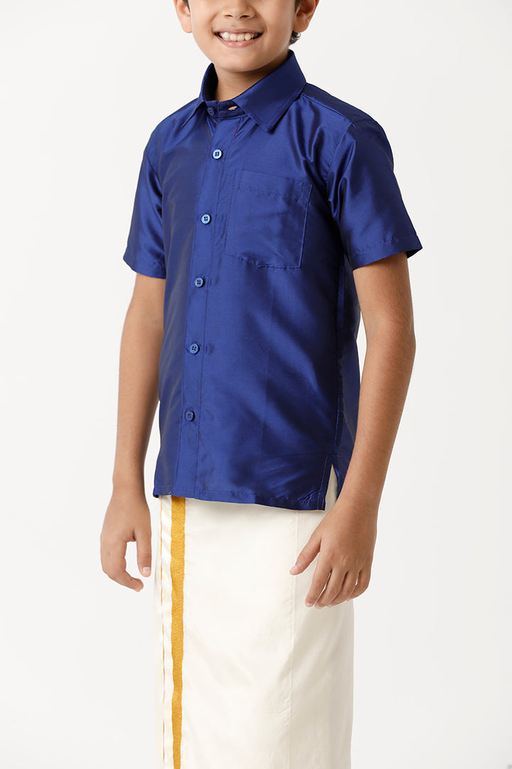 UATHAYAM Rising Star Poly Taffeta Half Sleeve Solid Regular Fit Kids Shirt + Dhoti + Towel 3 In 1 Set (Navy Blue)