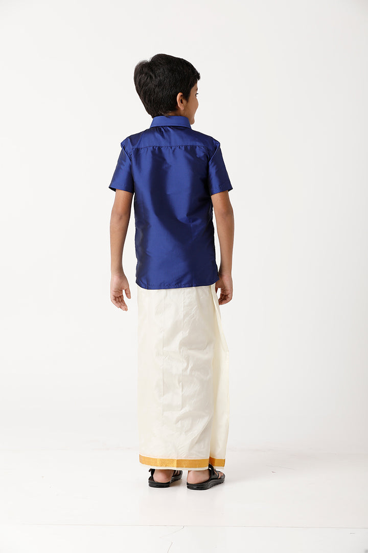 UATHAYAM Rising Star Poly Taffeta Half Sleeve Solid Regular Fit Kids Shirt + Dhoti 2 In 1 Set (Navy Blue)