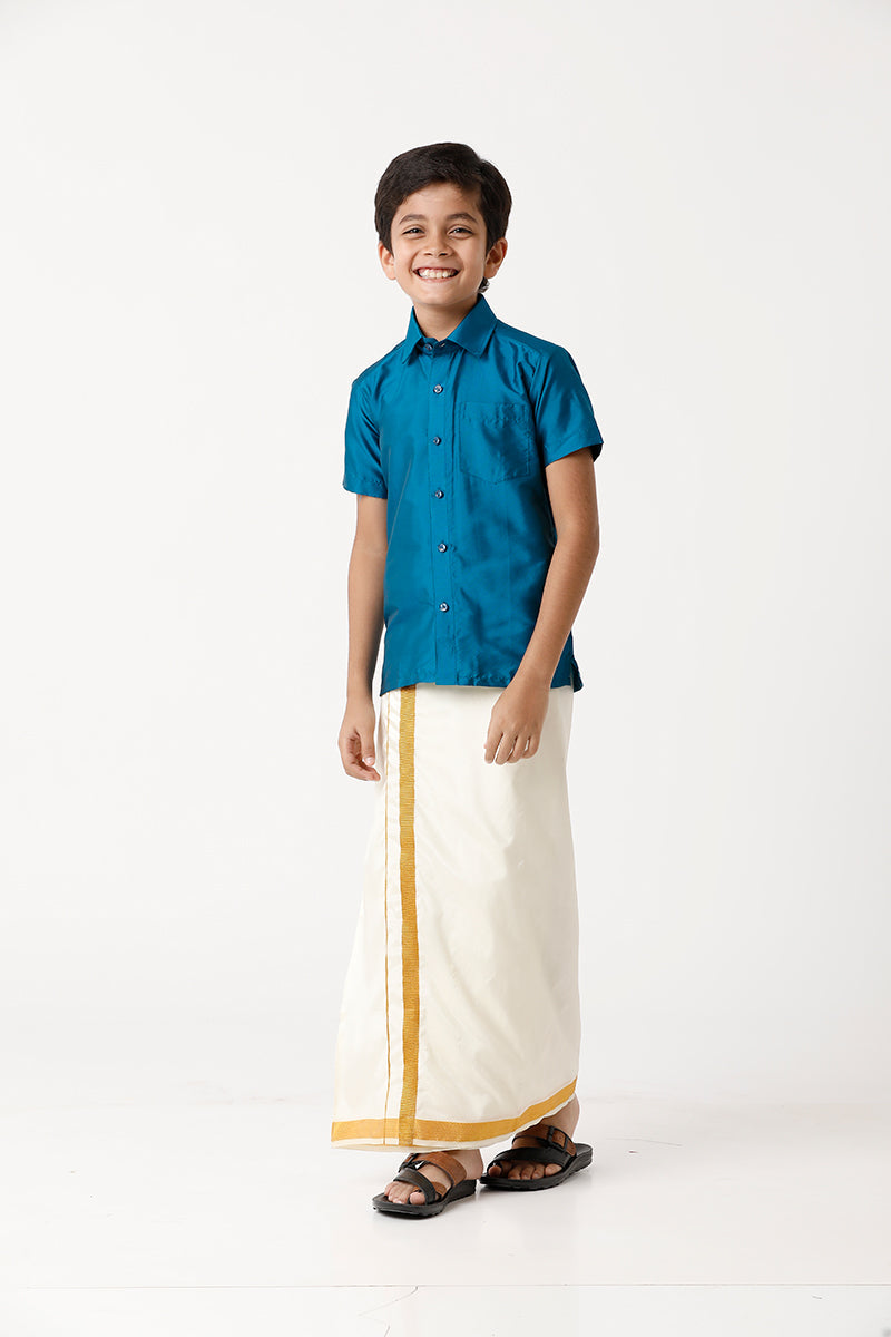 UATHAYAM Rising Star Poly Taffeta Half Sleeve Solid Regular Fit Kids Shirt + Dhoti + Towel 3 In 1 Set (Ramar Blue)