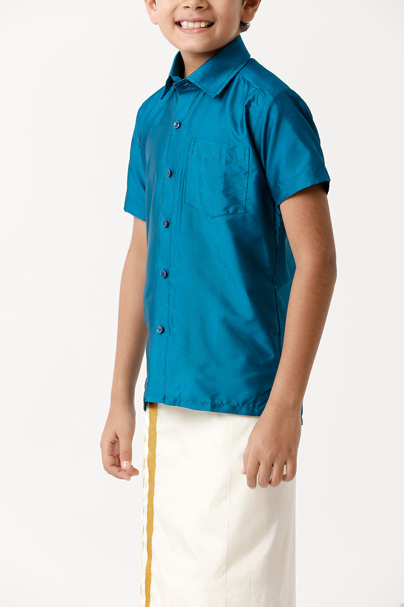 UATHAYAM Rising Star Poly Taffeta Half Sleeve Solid Regular Fit Kids Shirt + Dhoti 2 In 1 Set (Ramar Blue)