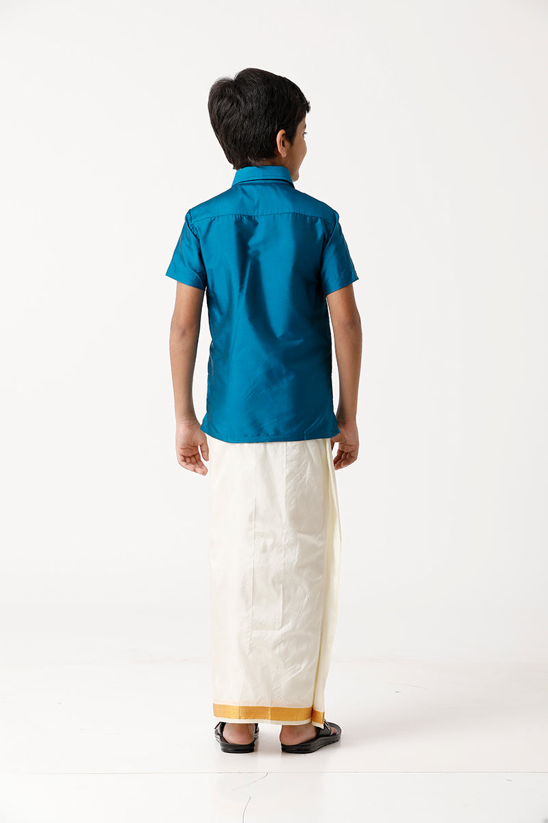 UATHAYAM Rising Star Poly Taffeta Half Sleeve Solid Regular Fit Kids Shirt + Dhoti + Towel 3 In 1 Set (Ramar Blue)