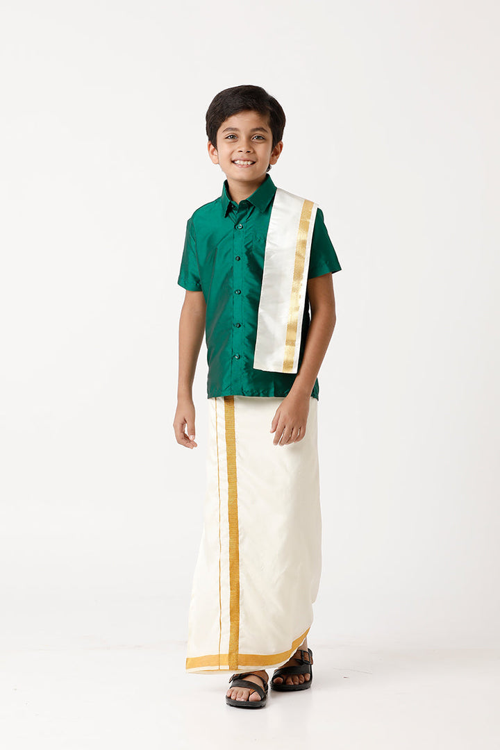 Rising Star - Green Matching Fixit Dhoti and Shirt 3 in 1 Set For Kids | Uathayam