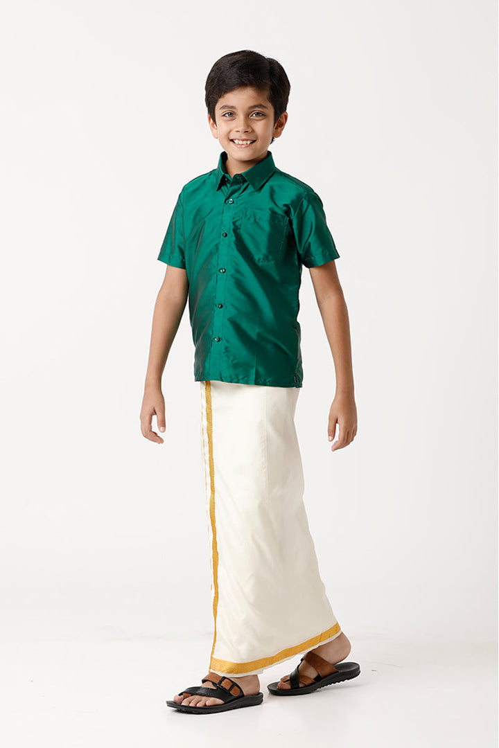 Rising Star - Green Matching Fixit Dhoti and Shirt 3 in 1 Set For Kids | Uathayam