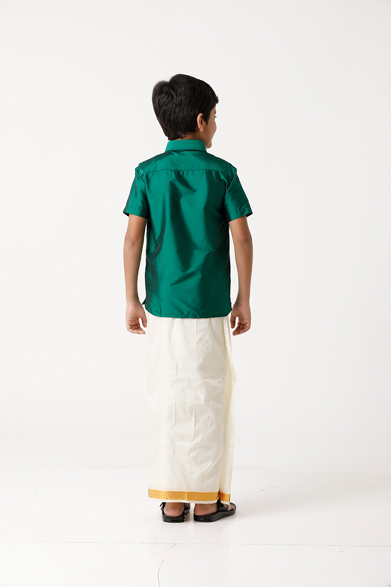 UATHAYAM Rising Star Poly Taffeta Half Sleeve Solid Regular Fit Kids Shirt + Dhoti + Towel 3 In 1 Set (Green)