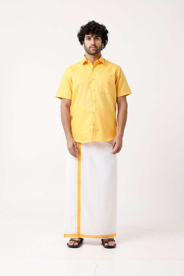 UATHAYAM Varna Matching Dhoti & Shirt Set Half Sleeves Yellow-11013