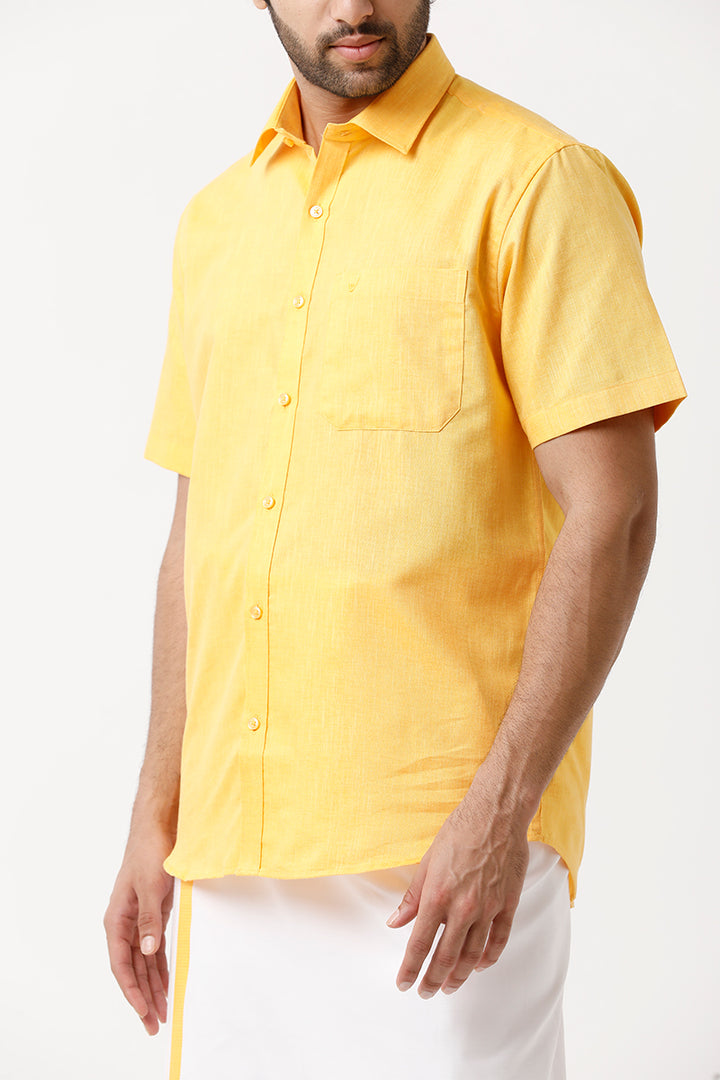 UATHAYAM Varna Matching Dhoti & Shirt Set Half Sleeves Yellow-11013