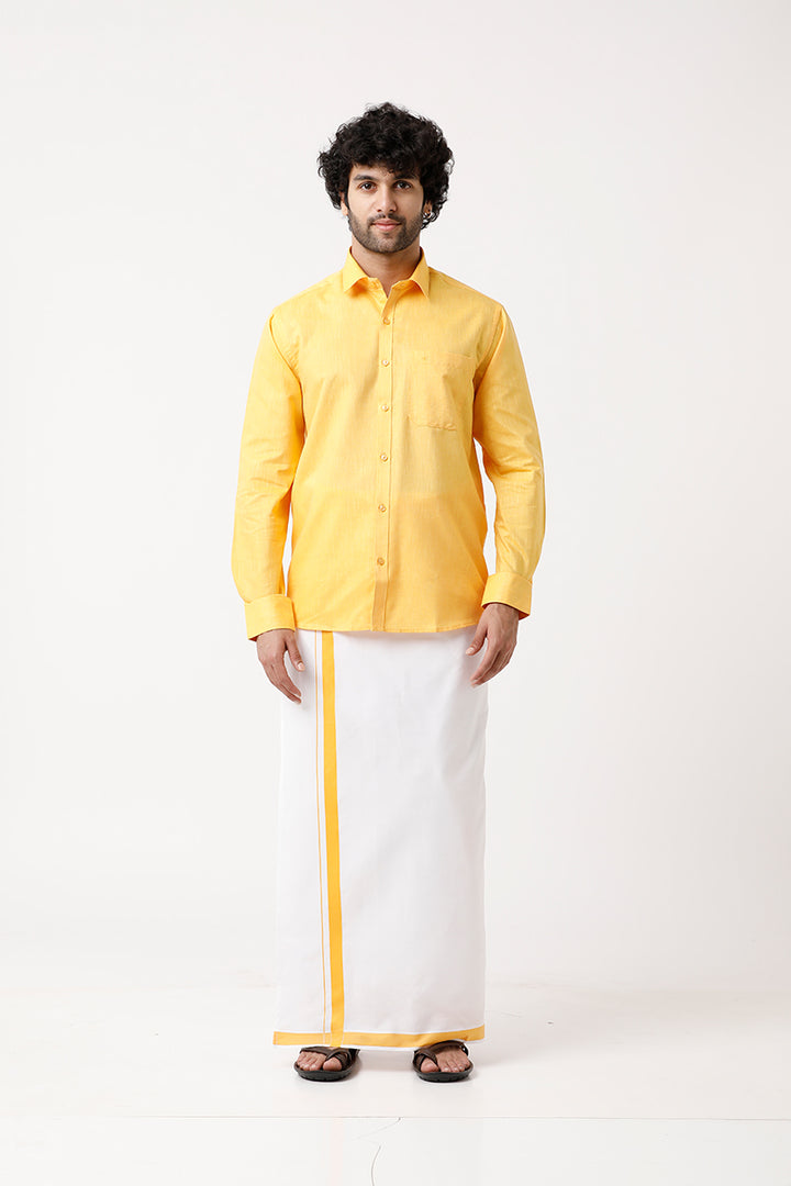 UATHAYAM Varna Matching Dhoti & Shirt Set Full Sleeves Golden Yellow-11013