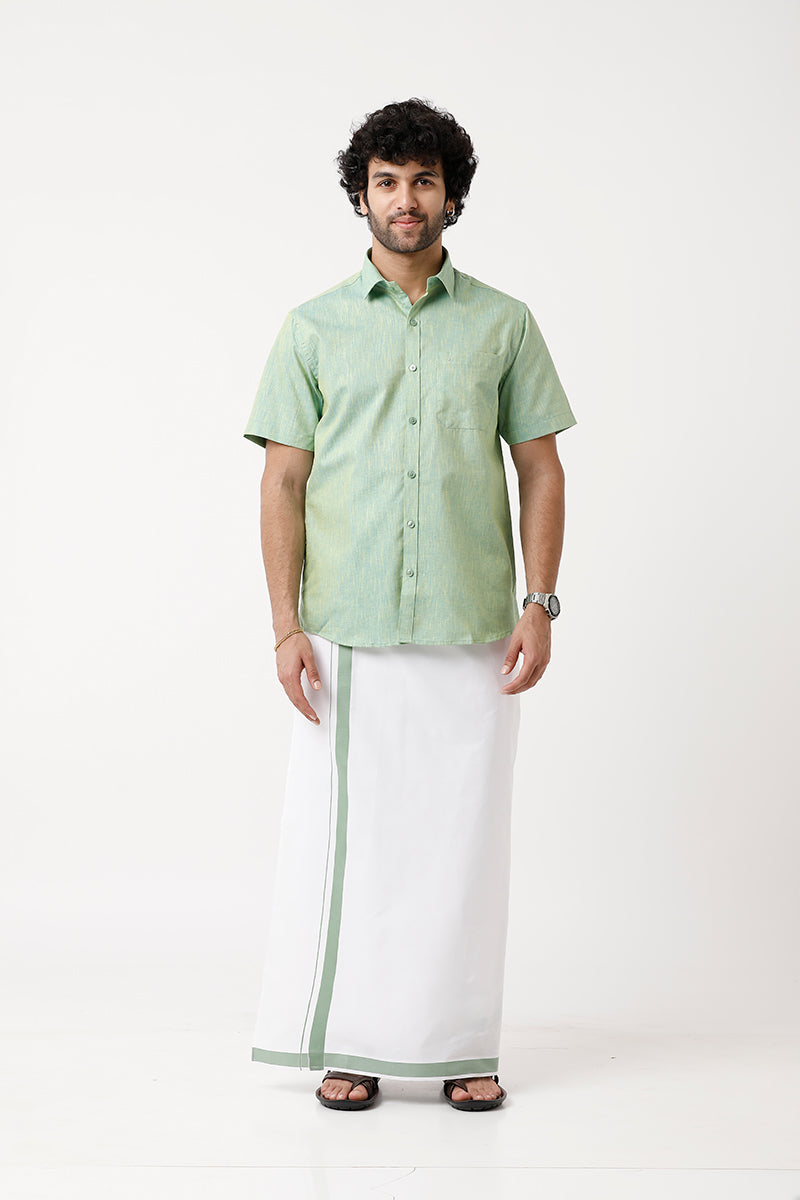 UATHAYAM Varna Matching Dhoti & Shirt Set Half Sleeves Summer Green-11017