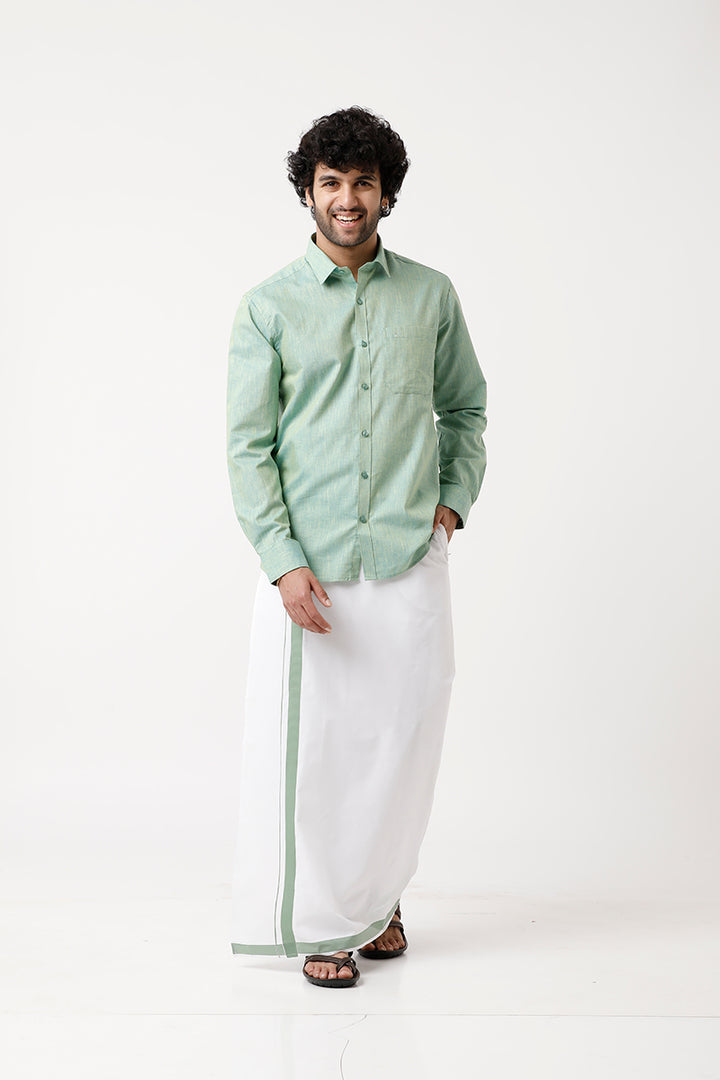 UATHAYAM Varna Matching Dhoti & Shirt Set Full Sleeves Summer Green-11017