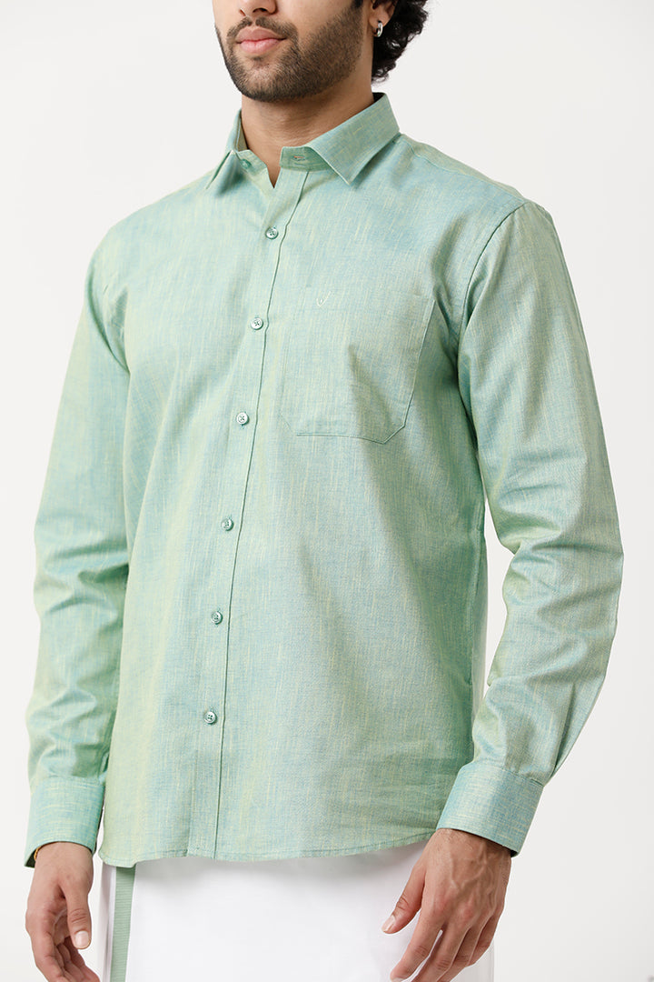 UATHAYAM Varna Matching Dhoti & Shirt Set Full Sleeves Summer Green-11017