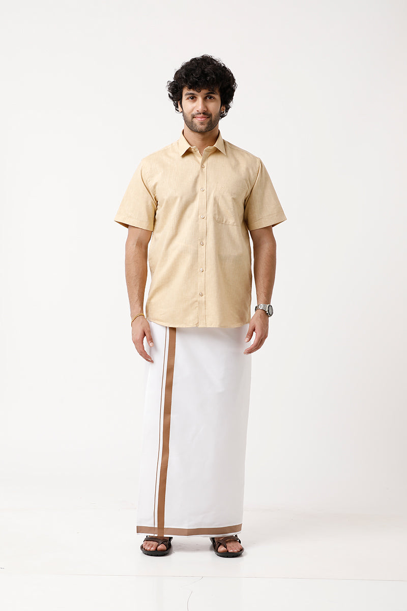 UATHAYAM Varna Matching Dhoti & Shirt Set Half Sleeves Tan-11011