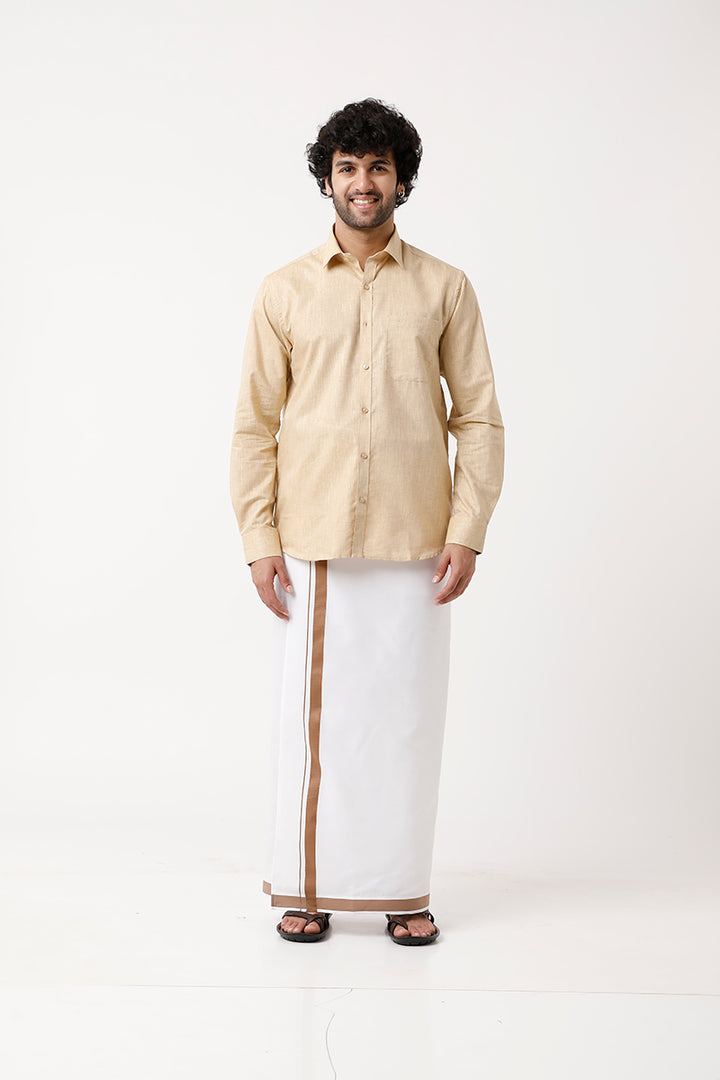 UATHAYAM Varna Matching Dhoti & Shirt Set Full Sleeves Tan-11011