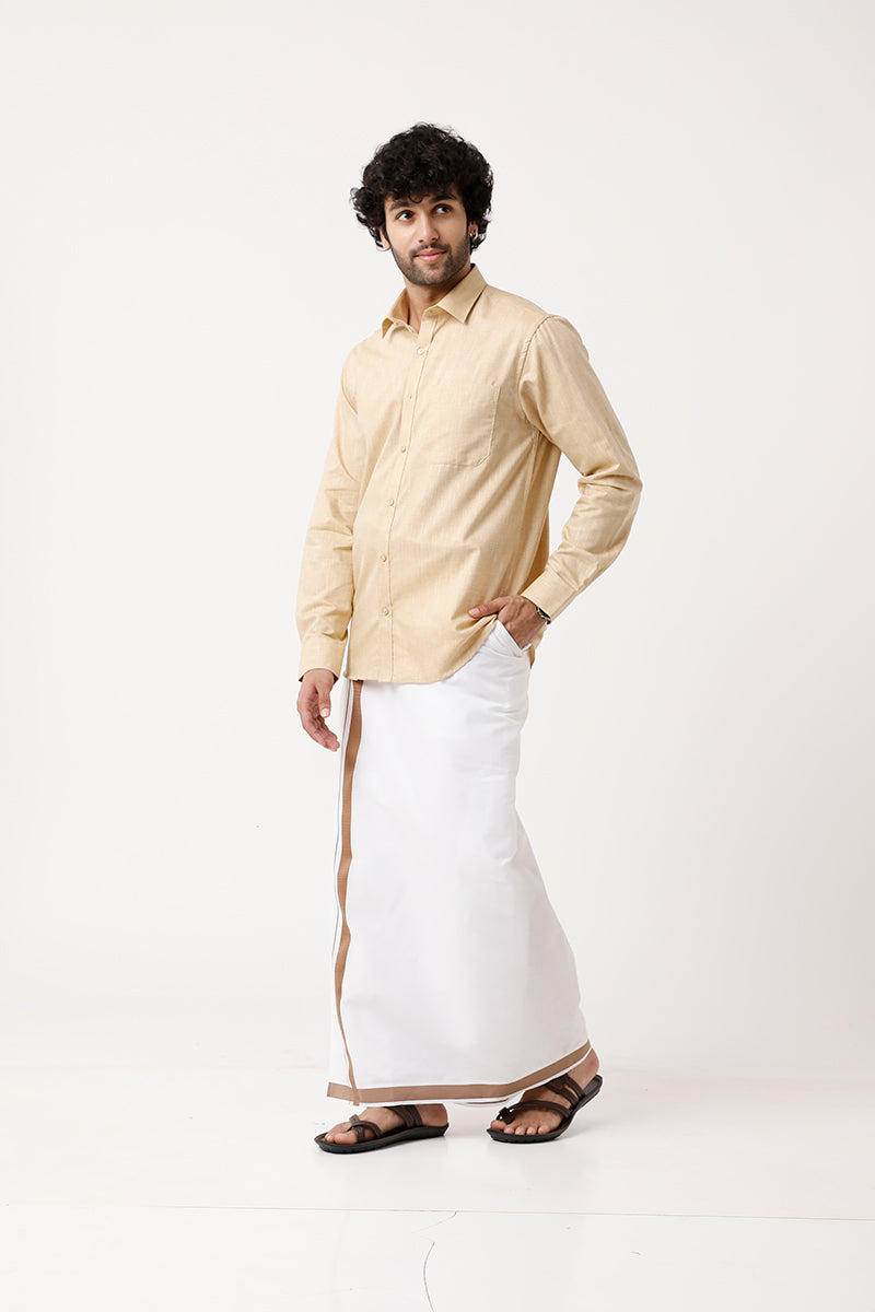 UATHAYAM Varna Matching Dhoti & Shirt Set Full Sleeves Tan-11011