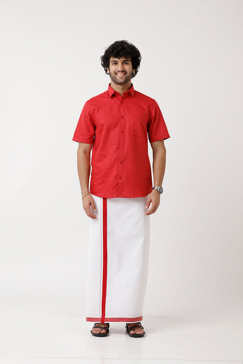 Varna Matching Dhoti & Shirt Set Half Sleeves Soft Red-11026