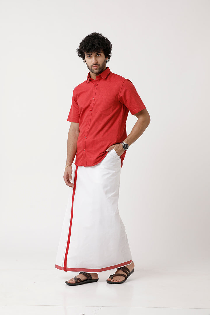 Varna Matching Dhoti & Shirt Set Half Sleeves Soft Red-11026