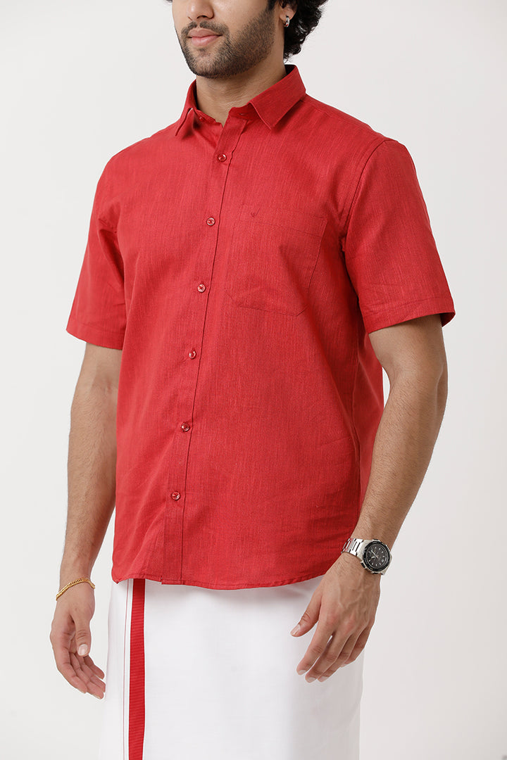 UATHAYAM Varna Matching Dhoti & Shirt Set Half Sleeves Soft Red-11026