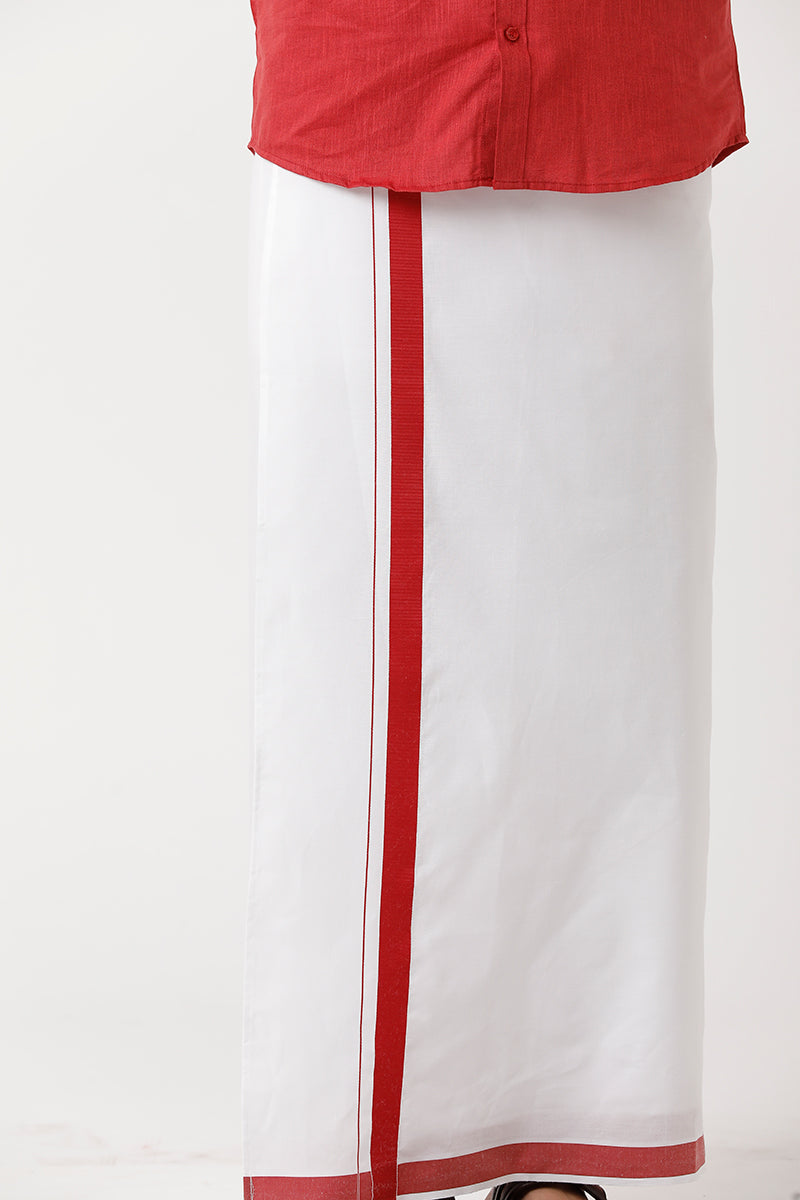 Varna Matching Double Dhoti & Shirt Set Full Sleeves Soft Red-11026