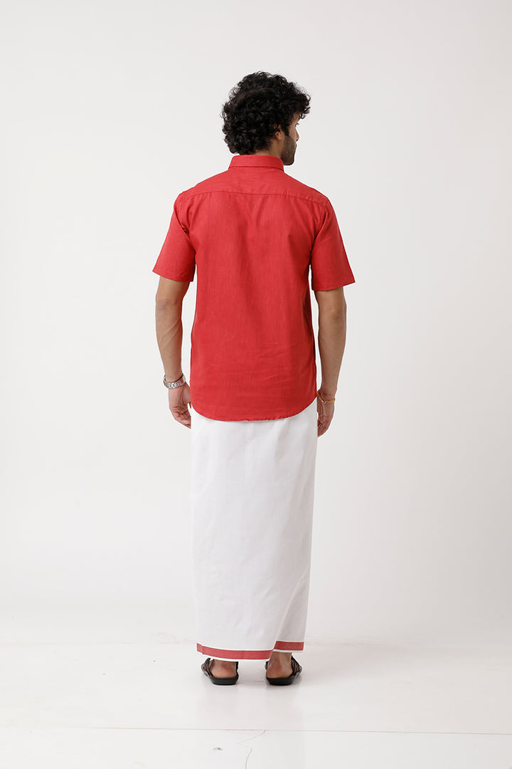 UATHAYAM Varna Matching Dhoti & Shirt Set Half Sleeves Soft Red-11026