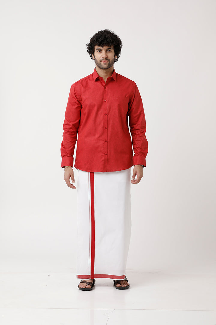 Varna Matching Double Dhoti & Shirt Set Full Sleeves Soft Red-11026