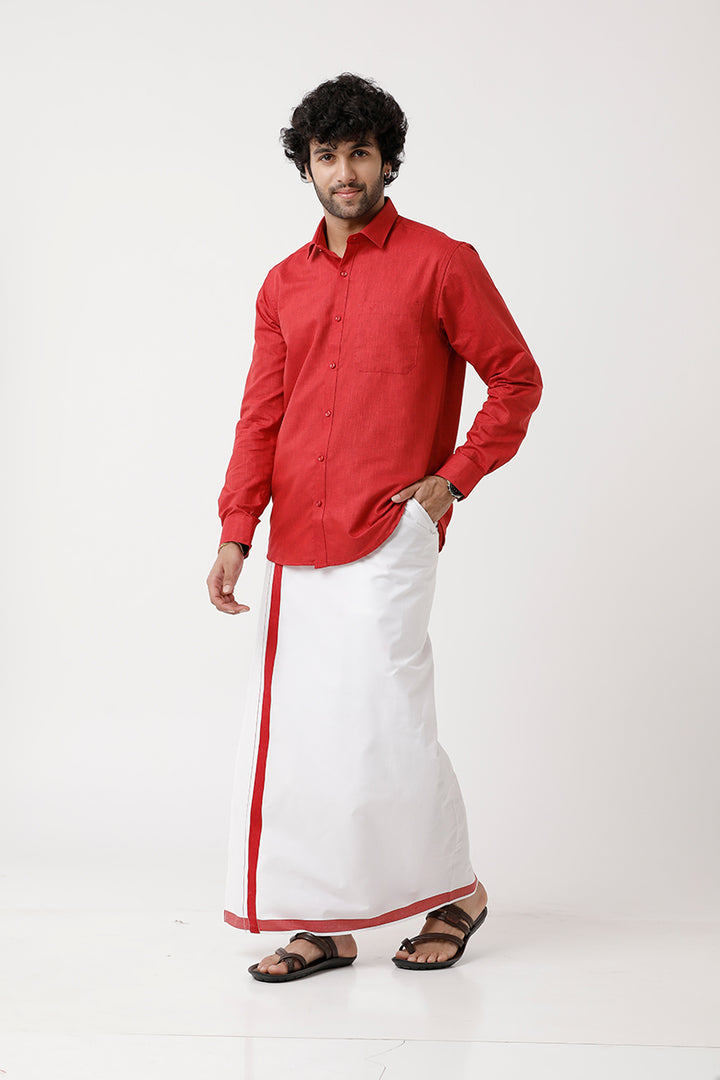UATHAYAM Varna Matching Dhoti & Shirt Set Full Sleeves Soft Red-11026