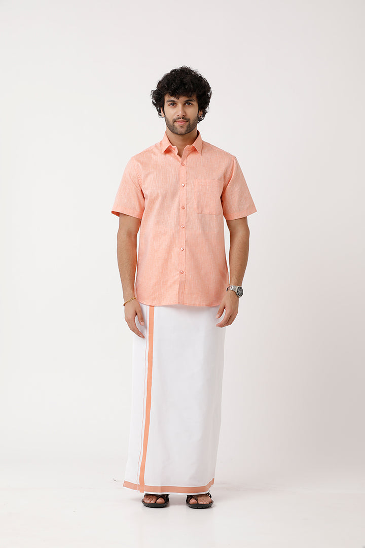 Uathayam Varna Peach Orange Color Single Fancy Border Dhoti For Men - VA11027