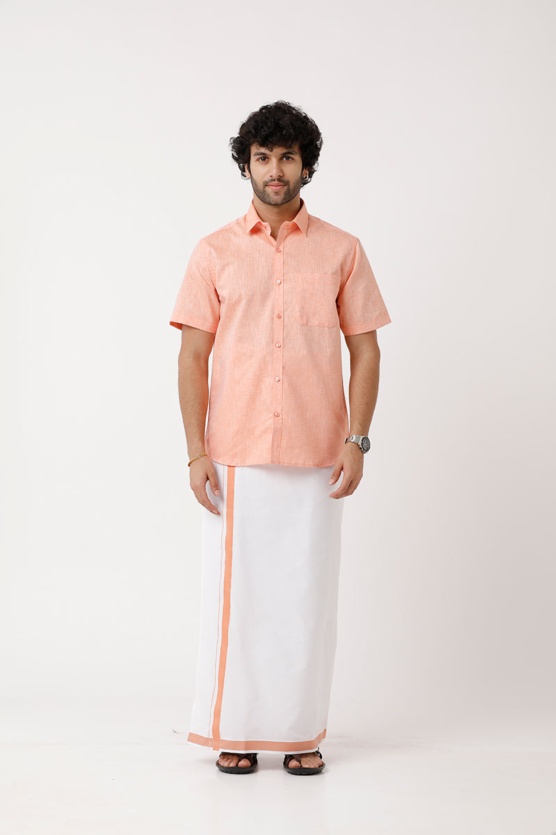 Uathayam Varna Peach Orange Color Single Fancy Border Fixit Dhoti For Men - VA11027