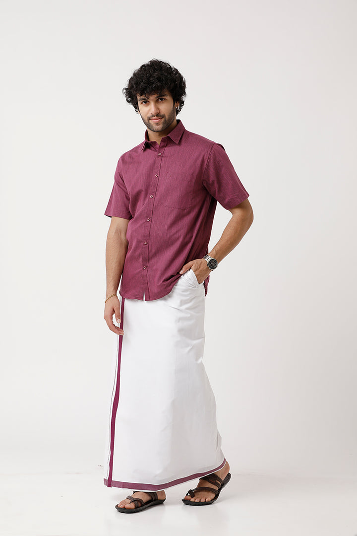 UATHAYAM Varna Matching Dhoti & Shirt Set Half Sleeves Plum-11028
