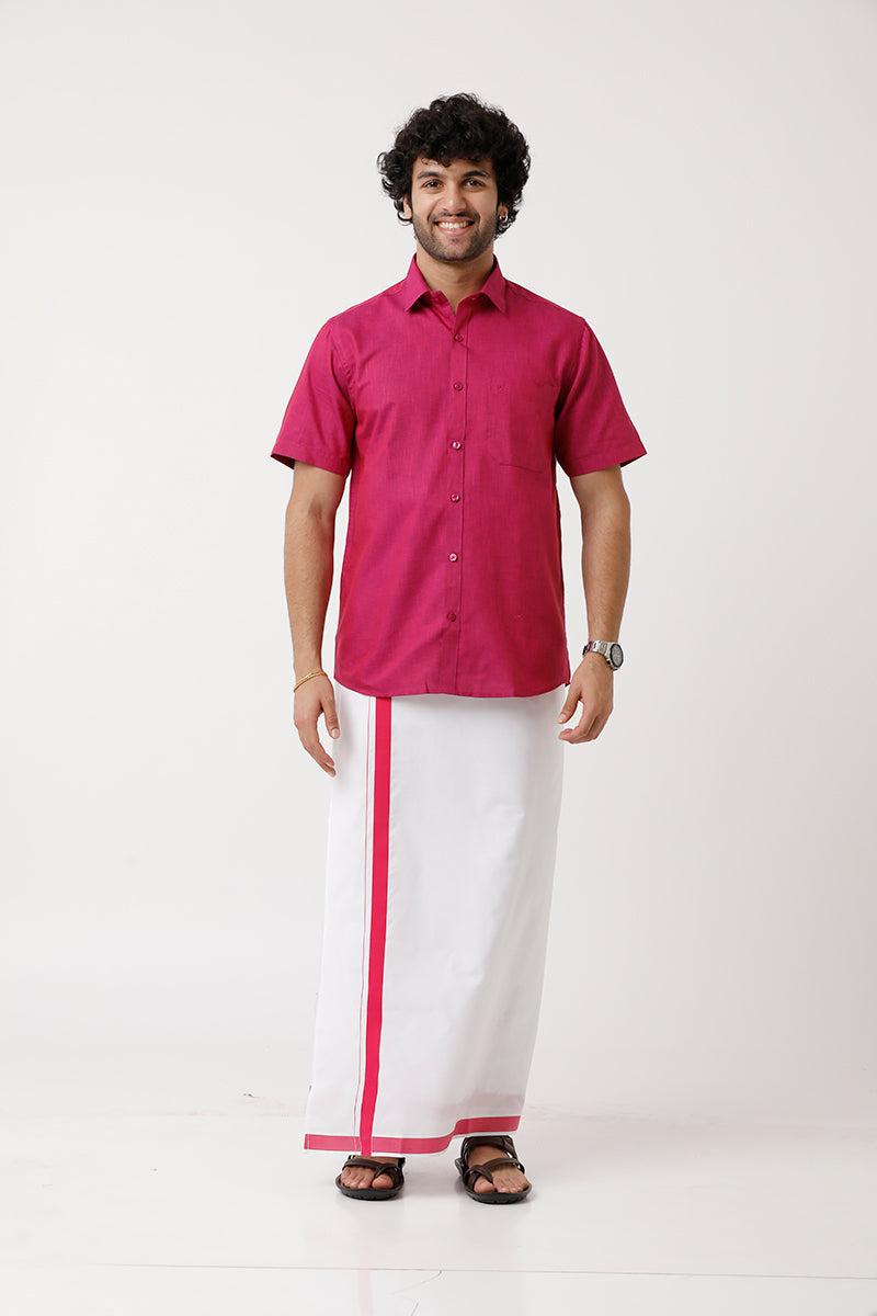 Uathayam Varna Soft Red Color Single Fancy Border Dhoti For Men - VA11021
