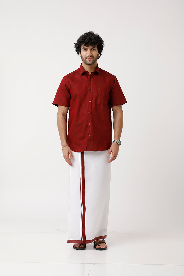 UATHAYAM Varna Matching Dhoti & Shirt Set Half Sleeves Maroon-11023