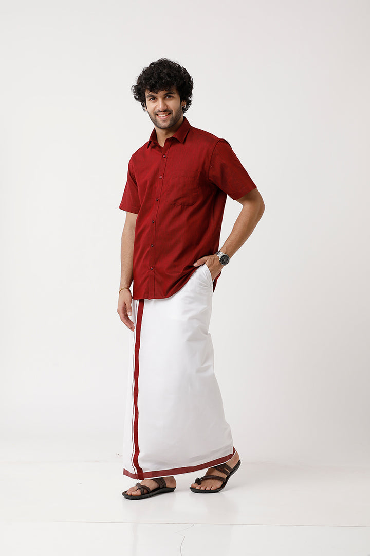 UATHAYAM Varna Matching Dhoti & Shirt Set Half Sleeves Maroon-11023