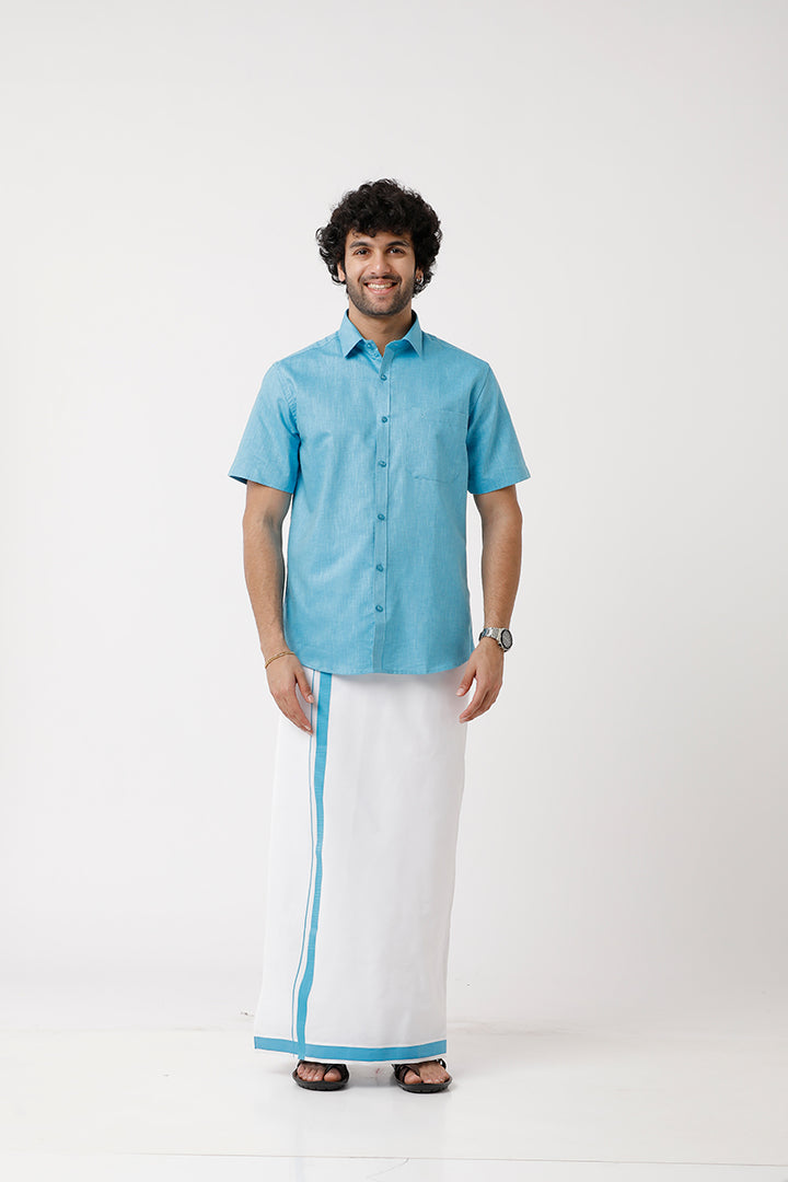 UATHAYAM Varna Matching Dhoti & Shirt Set Half Sleeves Light Blue-11014