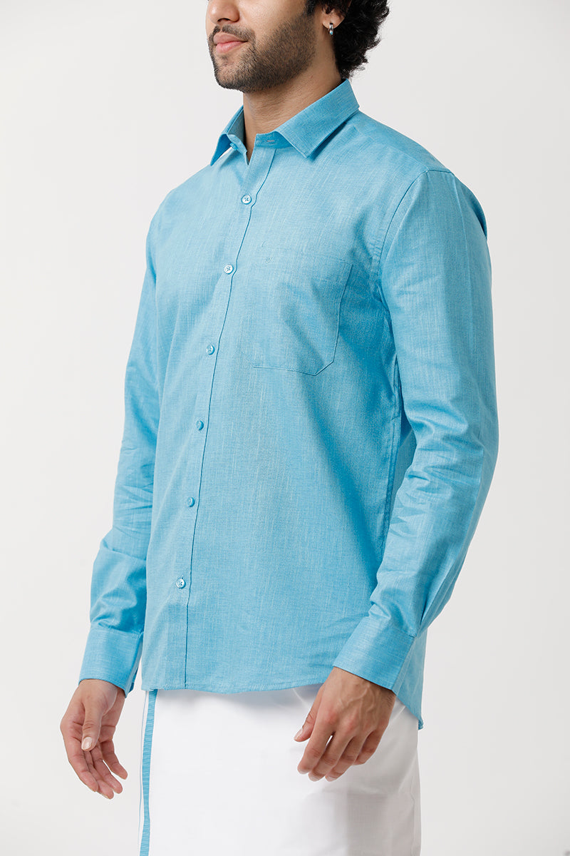 Varna Matching Double Dhoti & Shirt Set Full Sleeves Light Blue-11014