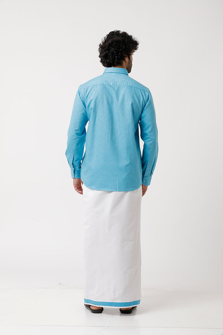 Varna - Light Blue Matching Shirt and Dhoti Set For Men | Uathayam