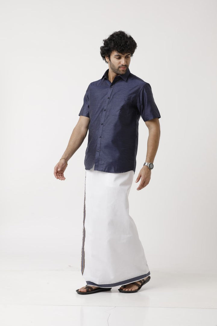 Varna Matching Double Dhoti & Shirt Set Half Sleeves Navy Blue-11024