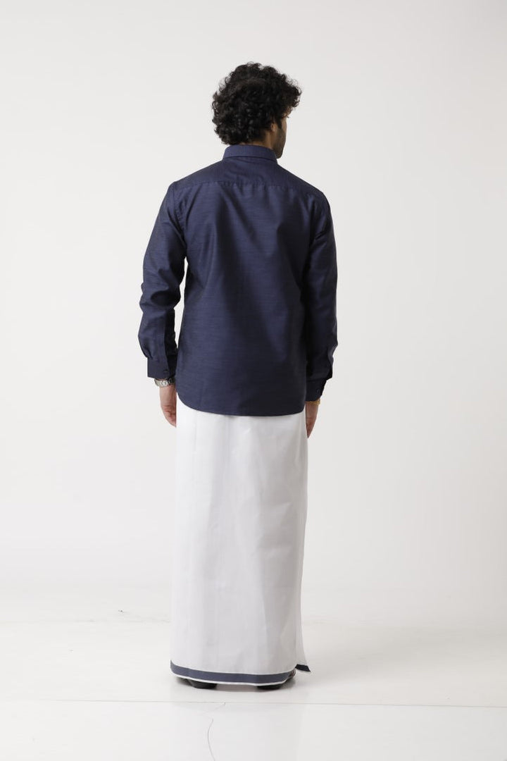 Varna Matching Double Dhoti & Shirt Set Full Sleeves Navy Blue-11024