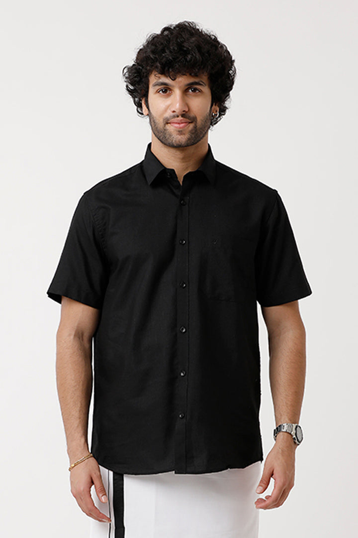 UATHAYAM Varna Black Color Cotton Half Sleeve Solid Smart Fit Shirt for Men