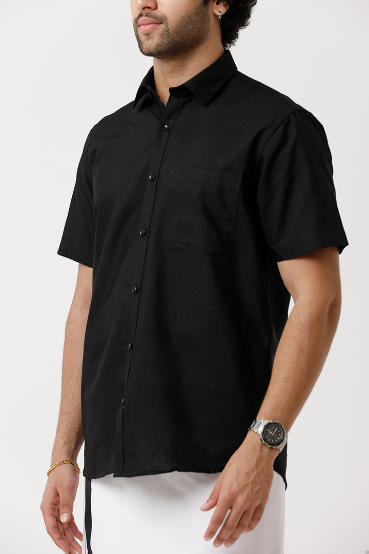 UATHAYAM Varna Matching Dhoti & Shirt Set Half Sleeves Black-11031