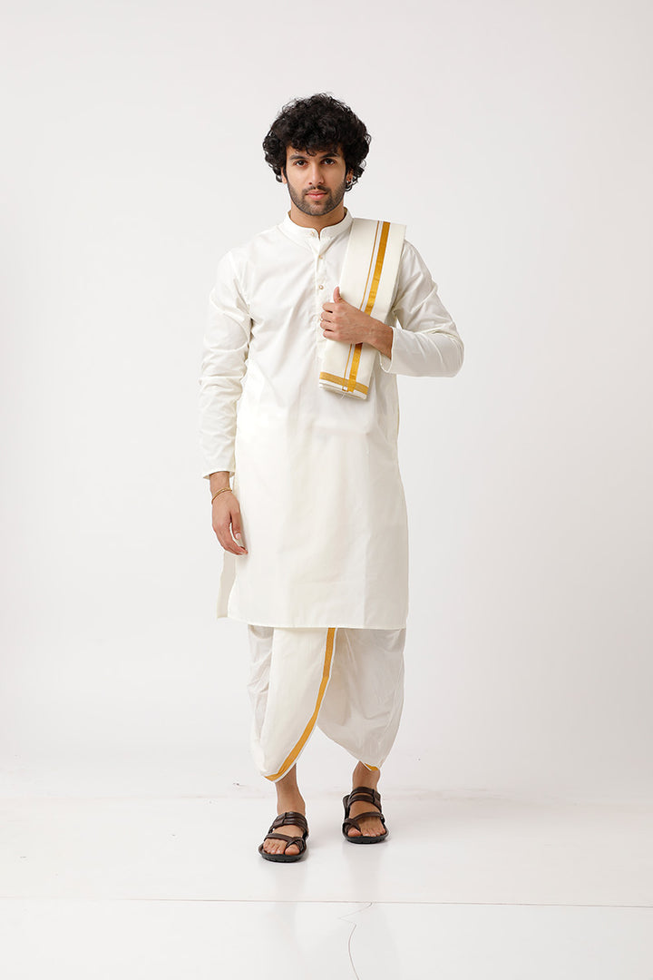 UATHAYAM Subha Mangalam Cream Color Cotton Kurta Full Sleeve & Panchakacham 3 in 1  Set For Men