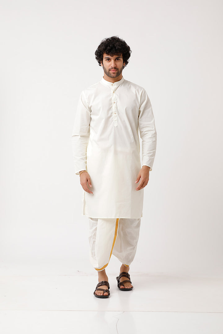 UATHAYAM Subha Mangalam Cream Color Cotton Kurta Full Sleeve & Panchakacham 3 in 1  Set For Men
