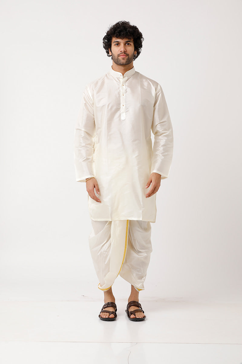 UATHAYAM Subha Mangalam Cream Color Silk Kurta Full Sleeve & Panchakacham 2 in 1  Set For Men